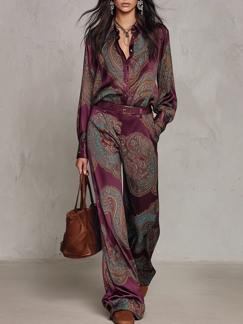Gloria | Camicia di seta a manica lunga con stampa paisley bordeaux e pantaloni a gamba larga