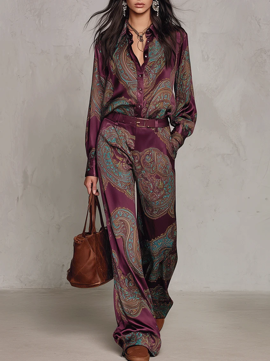 Gloria | Camicia di seta a manica lunga con stampa paisley bordeaux e pantaloni a gamba larga