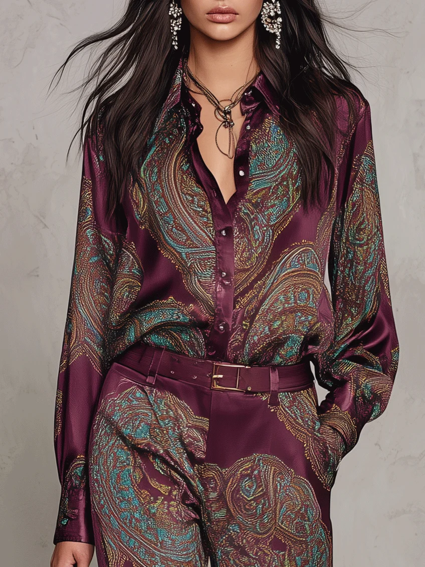 Gloria | Camicia di seta a manica lunga con stampa paisley bordeaux e pantaloni a gamba larga