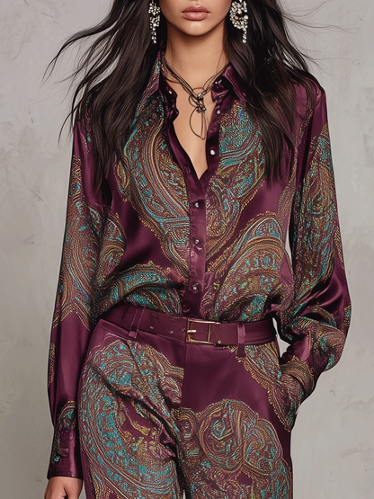 Gloria | Camicia di seta a manica lunga con stampa paisley bordeaux e pantaloni a gamba larga