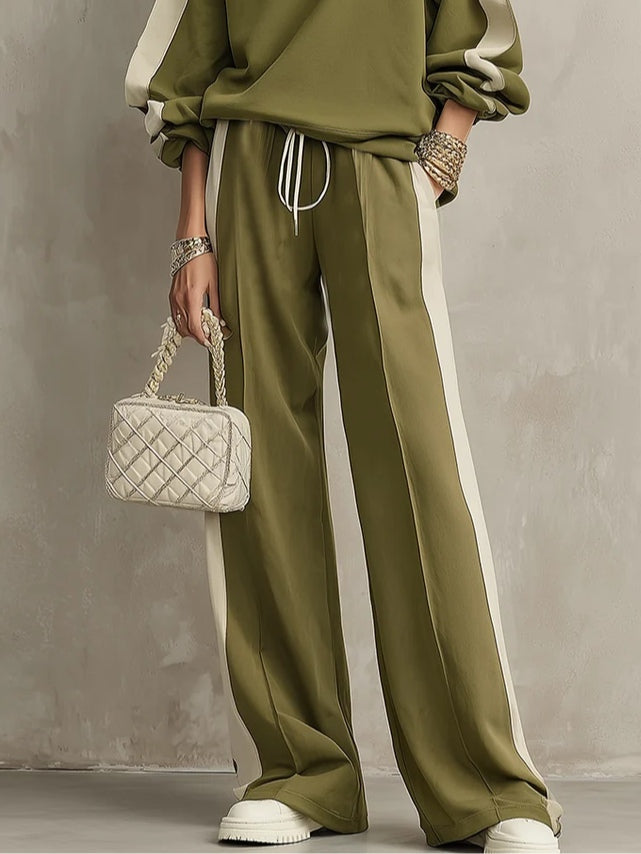 Solange | Felpa Verde Oliva Collo Rotondo e Pantalone Largo con Corda Completo Casual