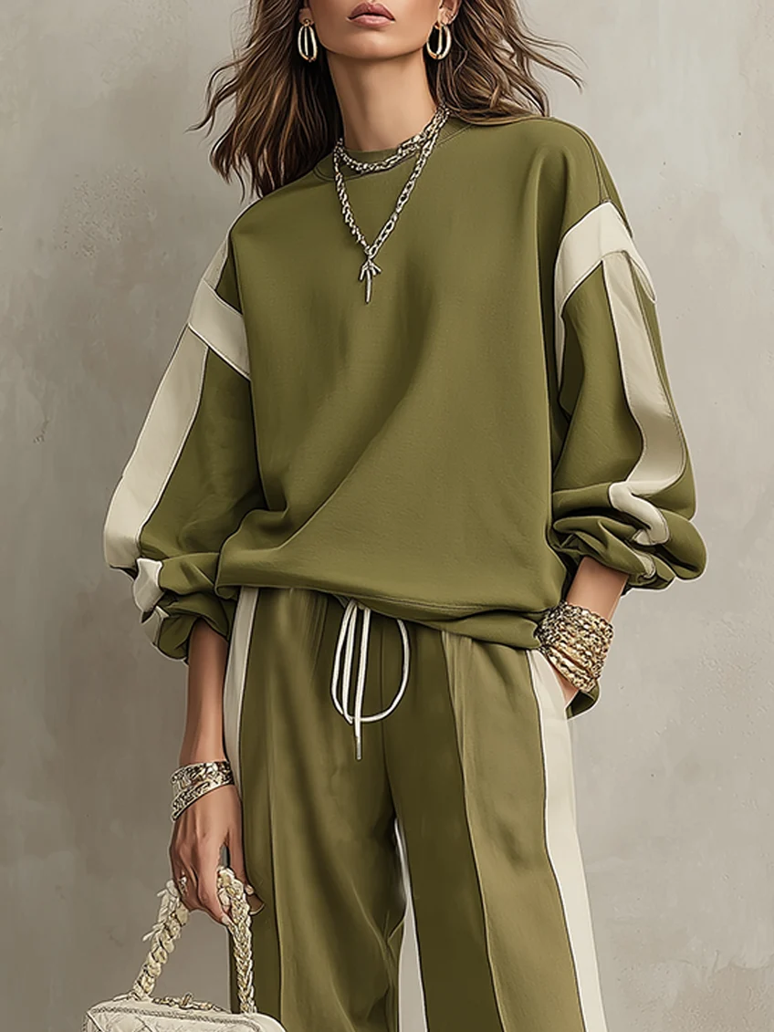 Solange | Felpa Verde Oliva Collo Rotondo e Pantalone Largo con Corda Completo Casual