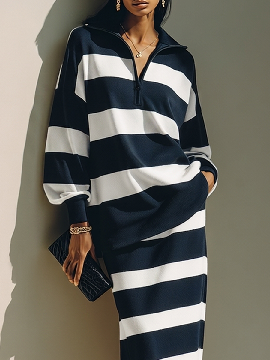 Set Top e Gonna Midi a Strisce Color Block con Mezza Zip Blu Navy
