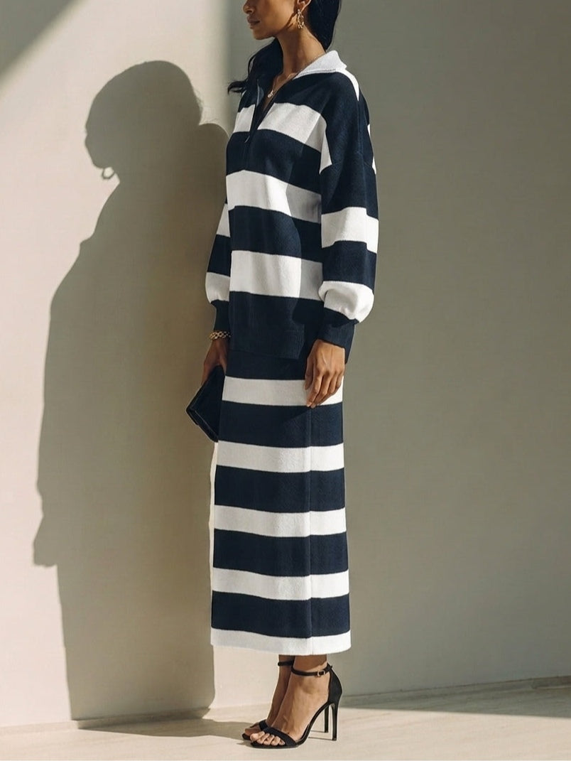 Set Top e Gonna Midi a Strisce Color Block con Mezza Zip Blu Navy
