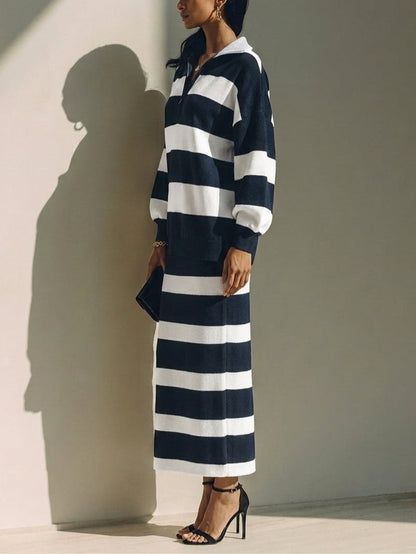 Set Top e Gonna Midi a Strisce Color Block con Mezza Zip Blu Navy