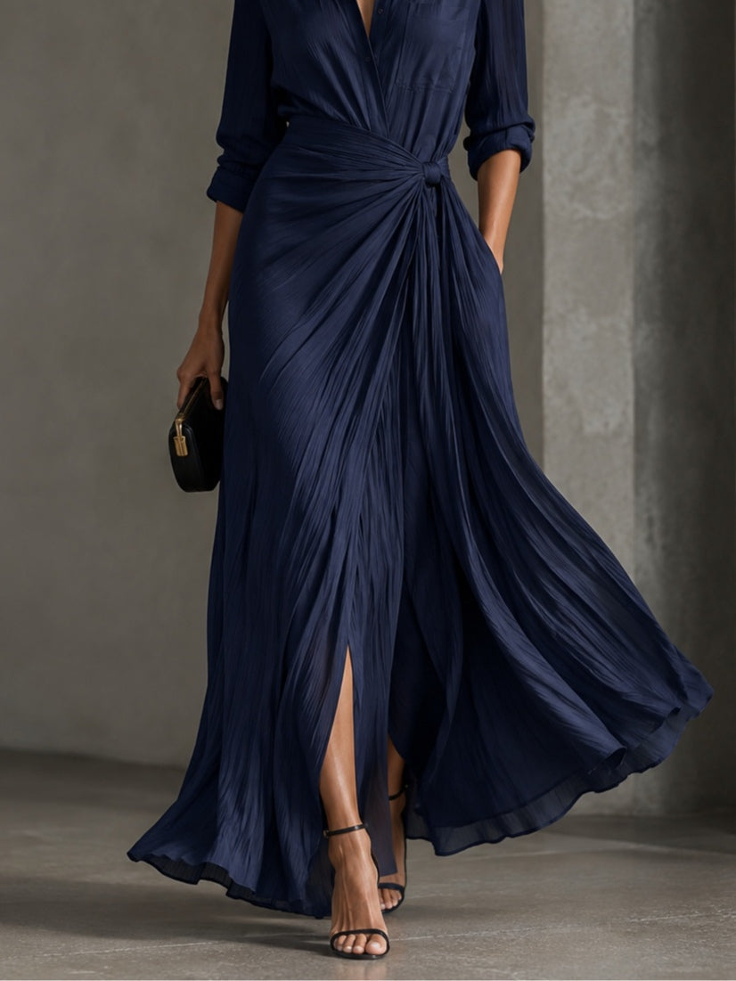 Gabrielle | Elegante Vestito Camicia Maxi Blu Marino Annodato