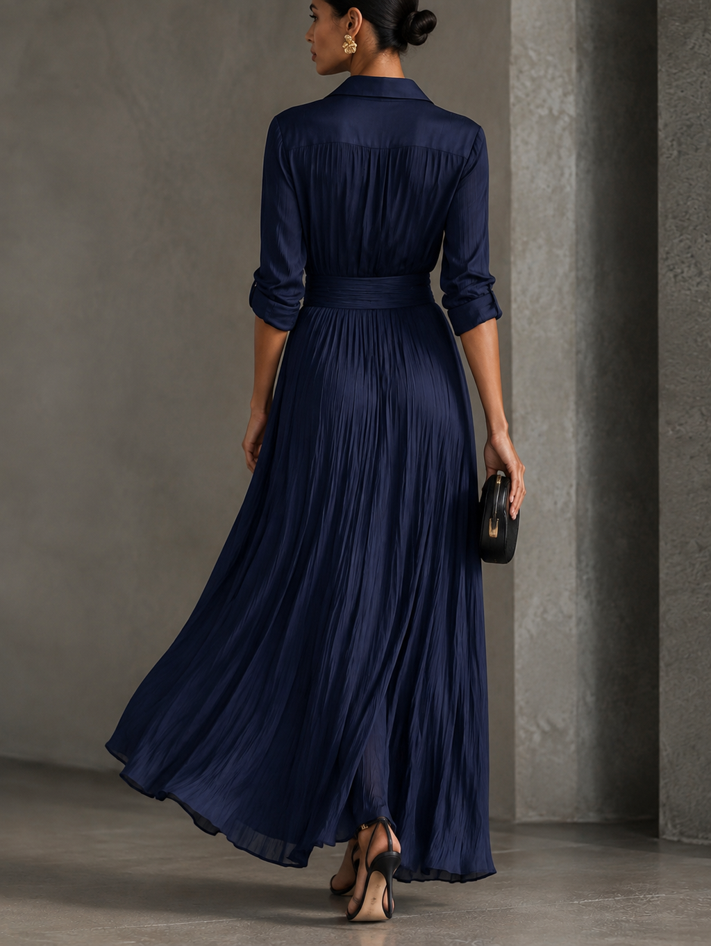 Gabrielle | Elegante Vestito Camicia Maxi Blu Marino Annodato