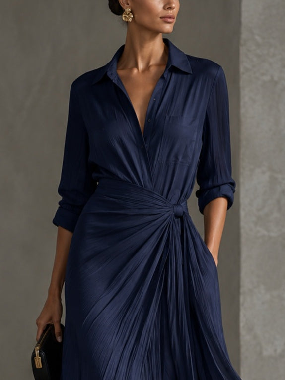 Gabrielle | Elegante Vestito Camicia Maxi Blu Marino Annodato