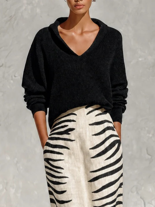Set di Due Pezzi: Top Tricot Nero e Gonna Midi in Lino a Stampa Zebra