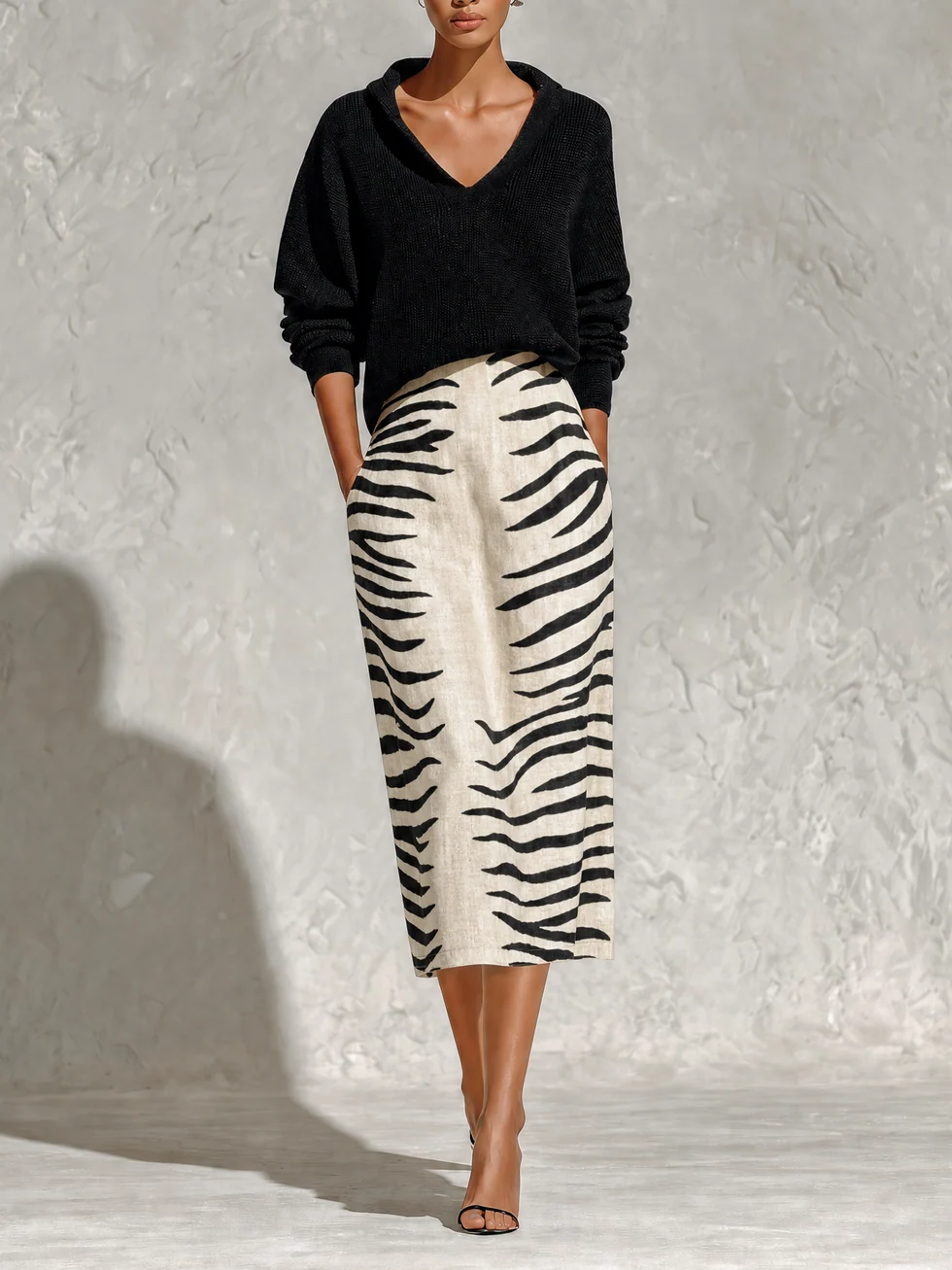 Set di Due Pezzi: Top Tricot Nero e Gonna Midi in Lino a Stampa Zebra