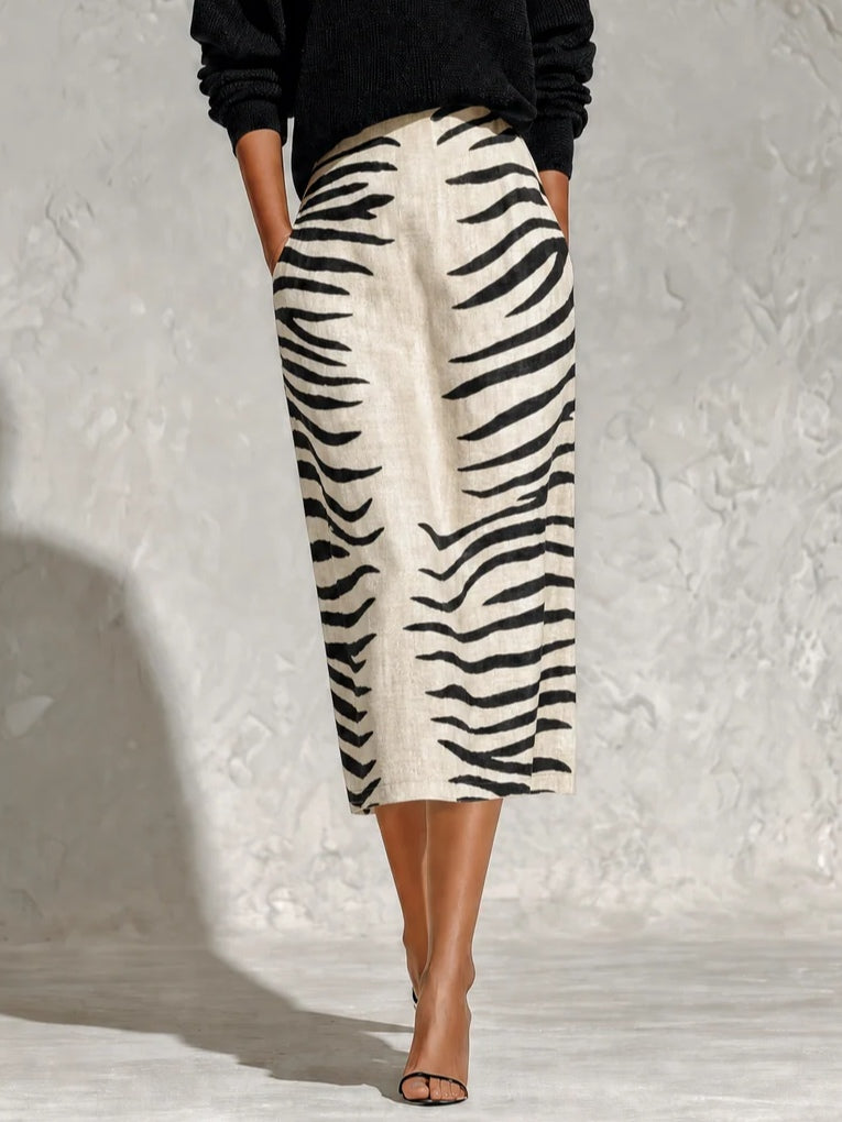 Set di Due Pezzi: Top Tricot Nero e Gonna Midi in Lino a Stampa Zebra