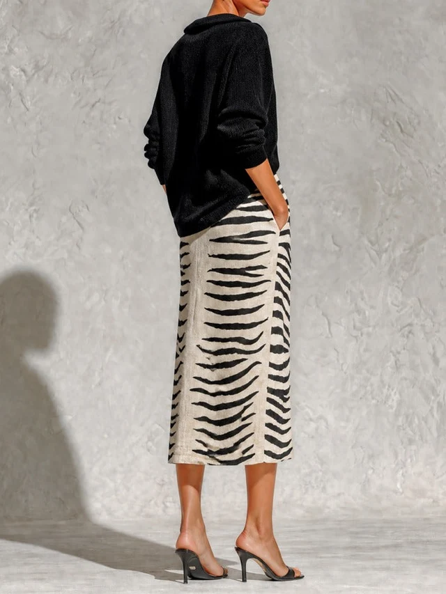 Set di Due Pezzi: Top Tricot Nero e Gonna Midi in Lino a Stampa Zebra