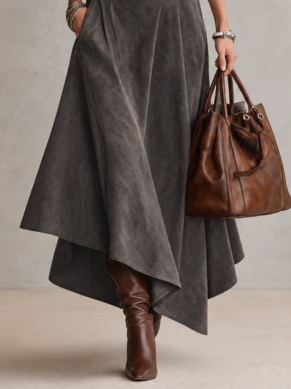 Carmen | Completo top a collo alto grigio e gonna midi asimmetrica in camoscio sintetico (con cintura)