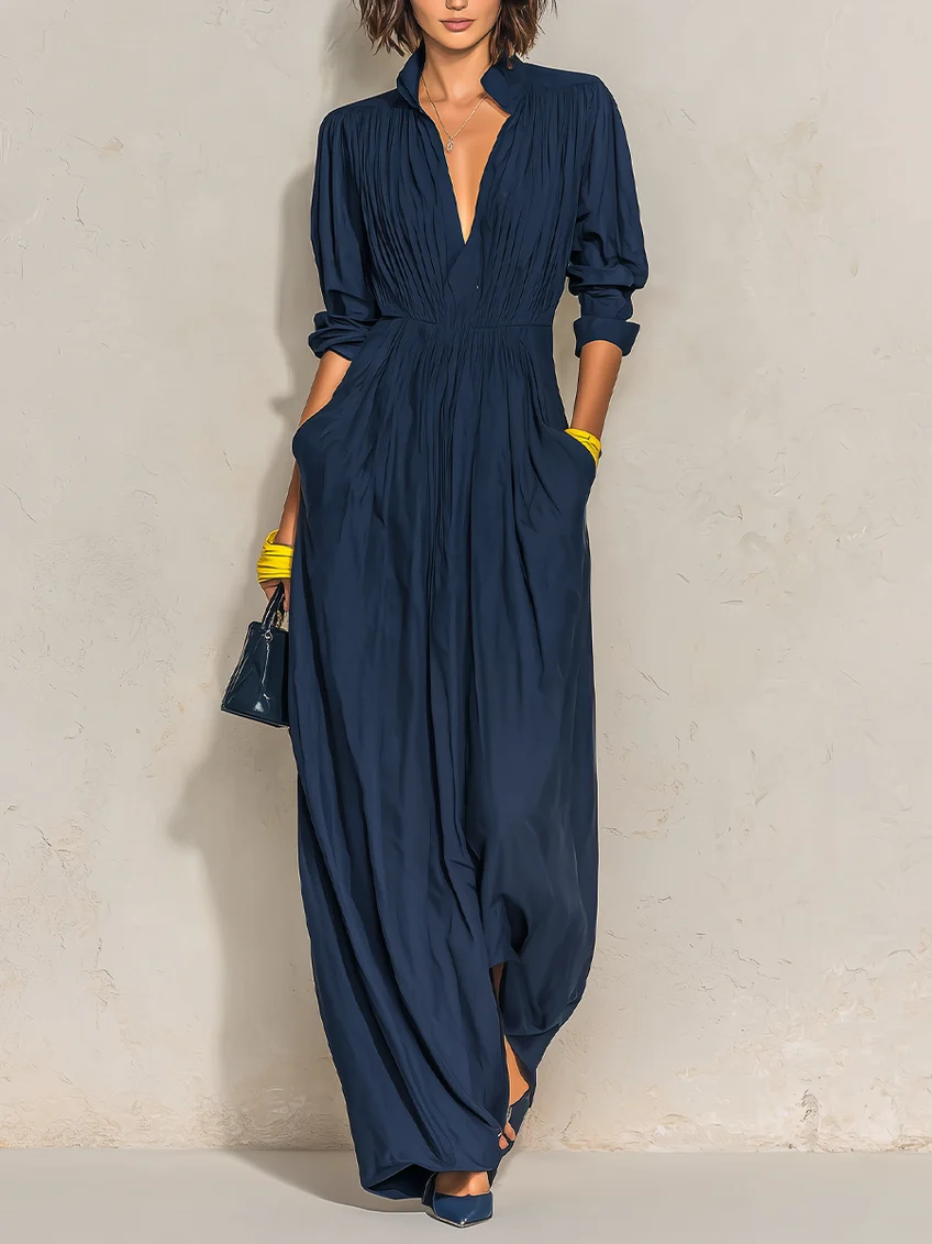Ofelia | Abito Lungo Plissé con Scollo a V e Collo Alto, Blu Navy