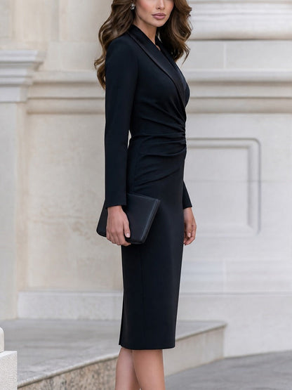 Abito Midi Blazer a Maniche Lunghe con Collo a Punta e Arricciature Nere
