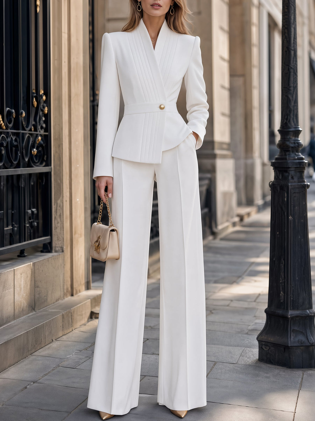 Blazer Peplum con Revers Pieghettato e Bottone Singolo Bianco & Set di Pantaloni a Gamba Larga