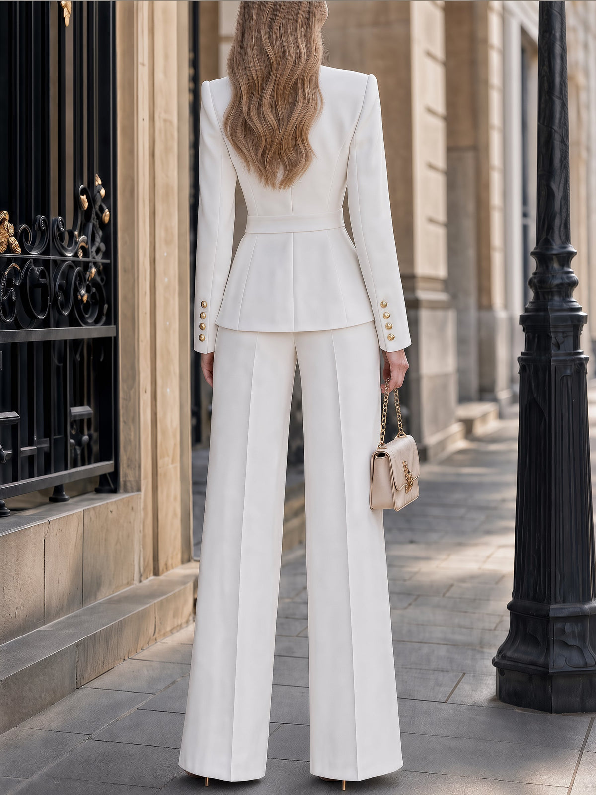 Blazer Peplum con Revers Pieghettato e Bottone Singolo Bianco & Set di Pantaloni a Gamba Larga
