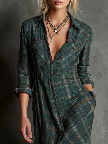 Margaux | Abito Camicia Maxi con Collo Vichy Verde