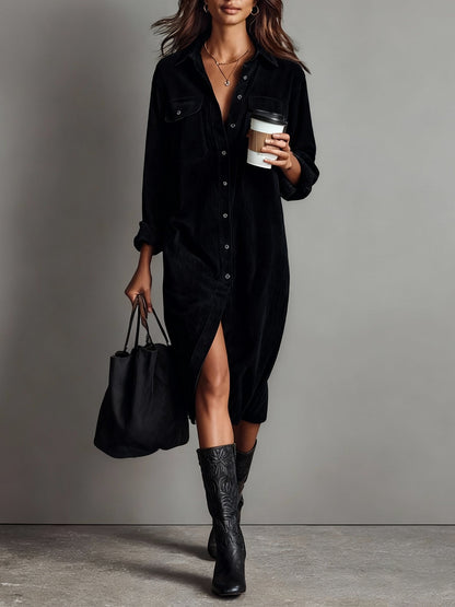 Veronica | Abito Midi in Velluto con Doppie Tasche sul Petto e Bottoni