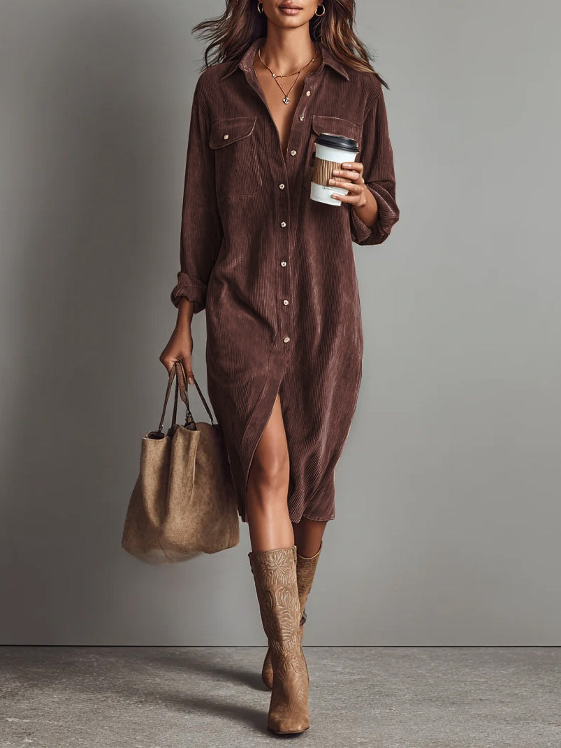 Beatrice | Abito Midi in Velluto a Coste con Tasche e Bottone Singolo