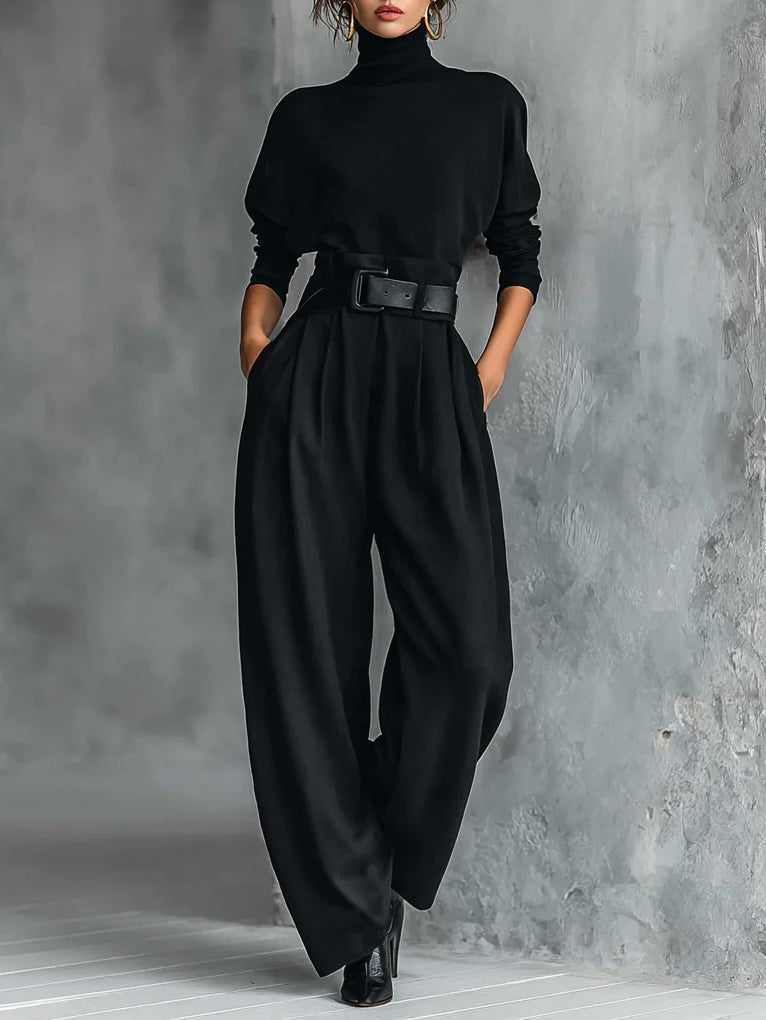 Noëlla | Completo con Collo Alto Nero e Pantaloni Dritti