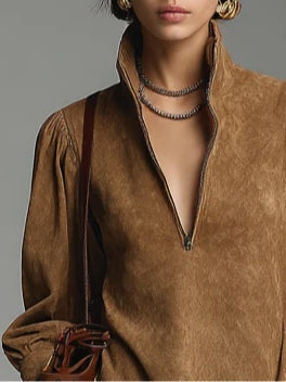 Abito Mini in Suede Marrone con Collo Alto e Zip