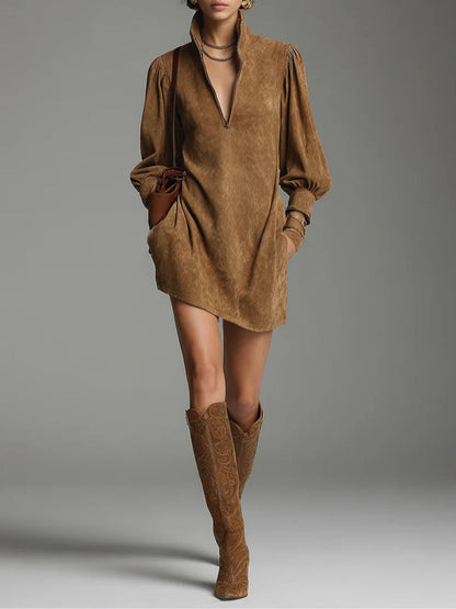 Abito Mini in Suede Marrone con Collo Alto e Zip