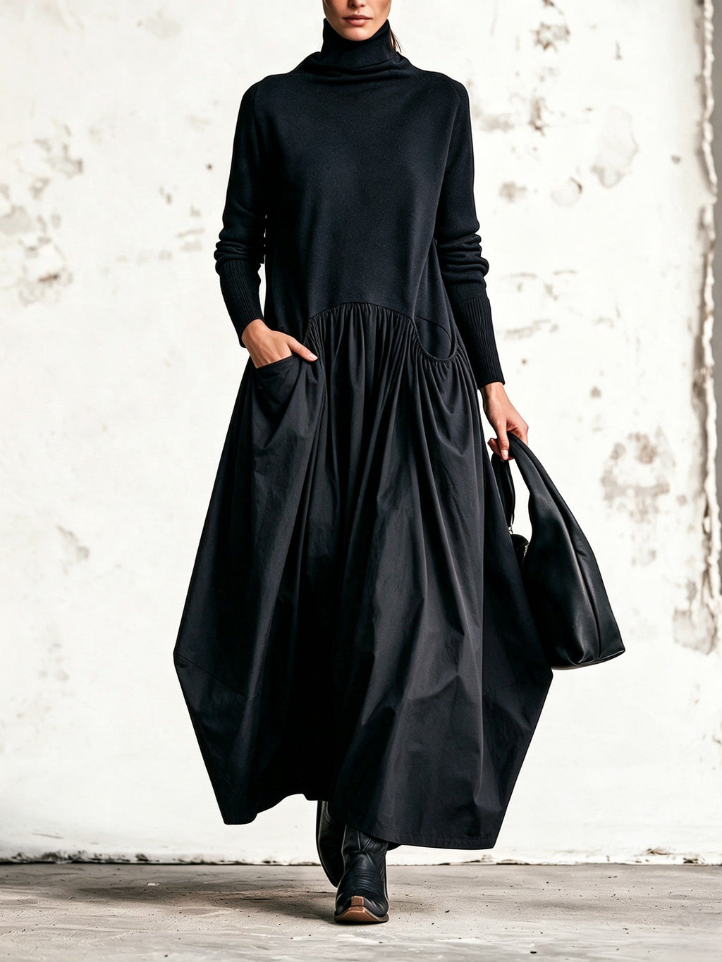 Ilaria | Abito Maxi Oversize a Collo Alto con Tasche