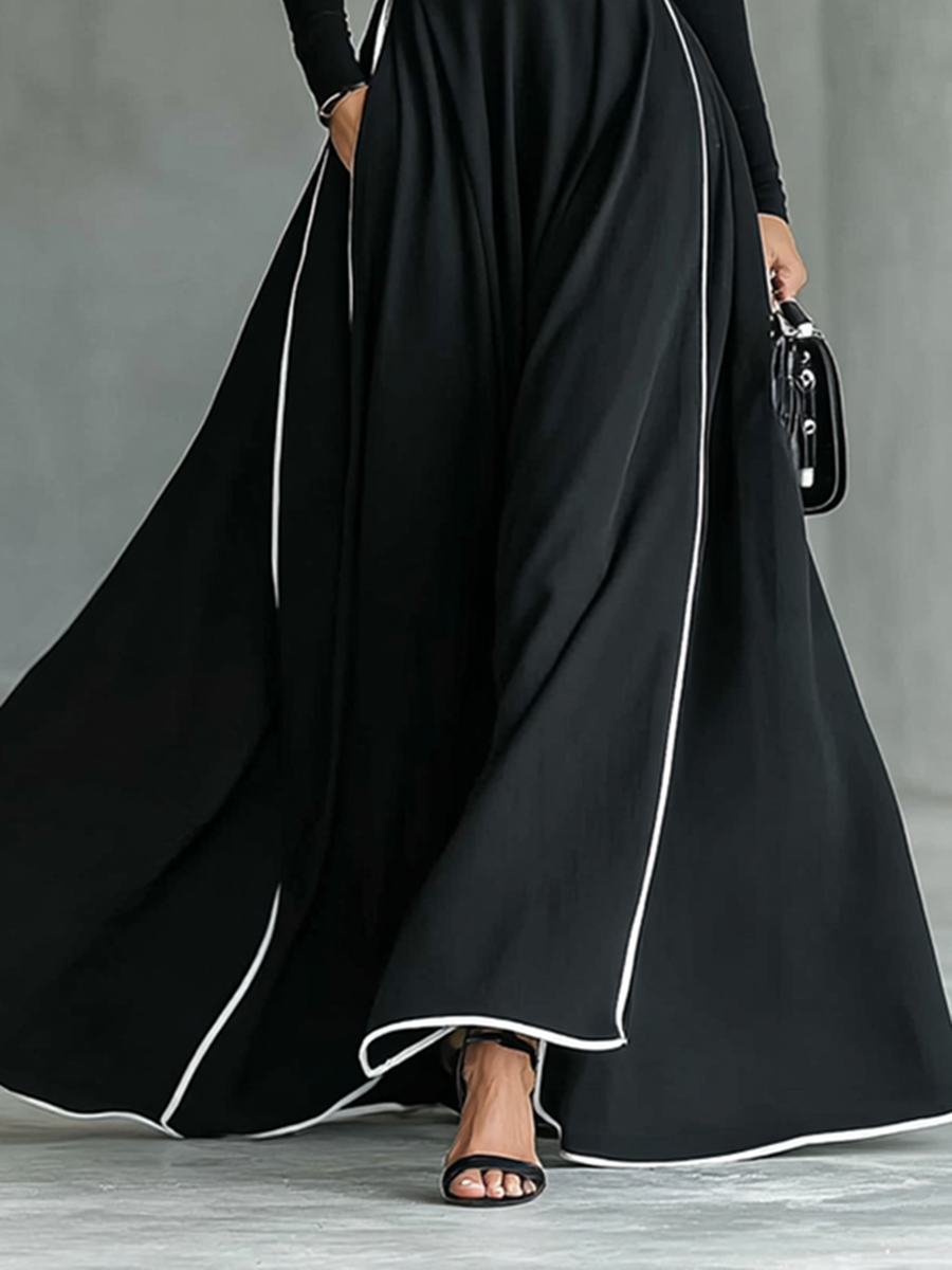 Colette | Abito Maxi Donna Nero con Cuciture Bianche e Collo Alto, Maniche Lunghe, Vita Sottile