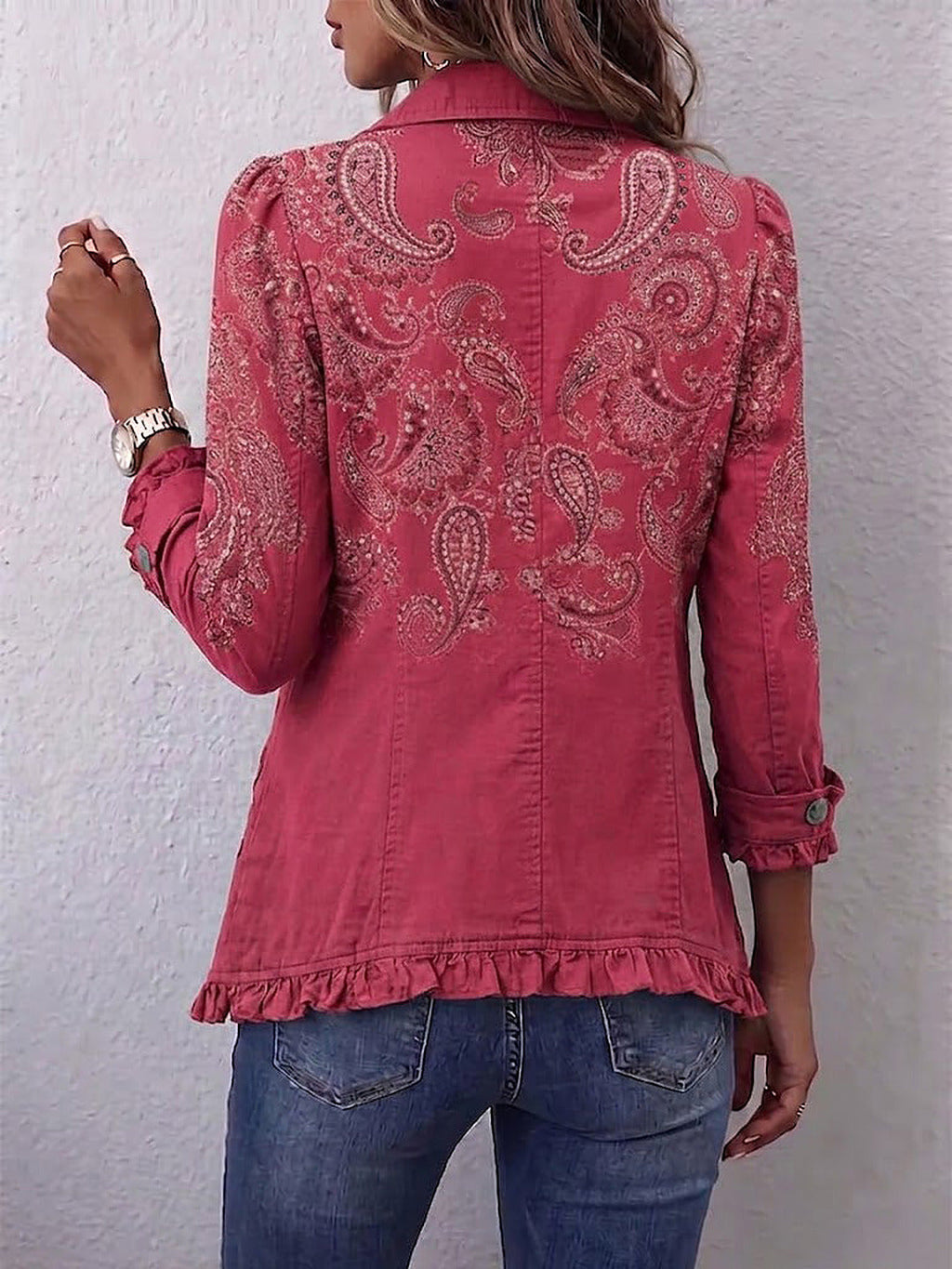 Alessia | Giacca Boho con Volant, Paisley Rosa Antico