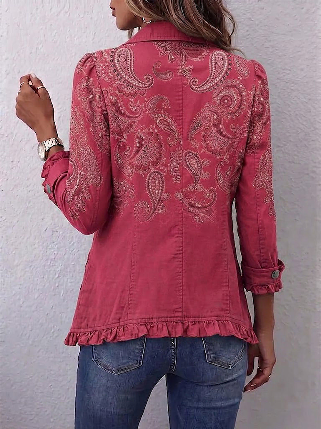 Alessia | Giacca Boho con Volant, Paisley Rosa Antico