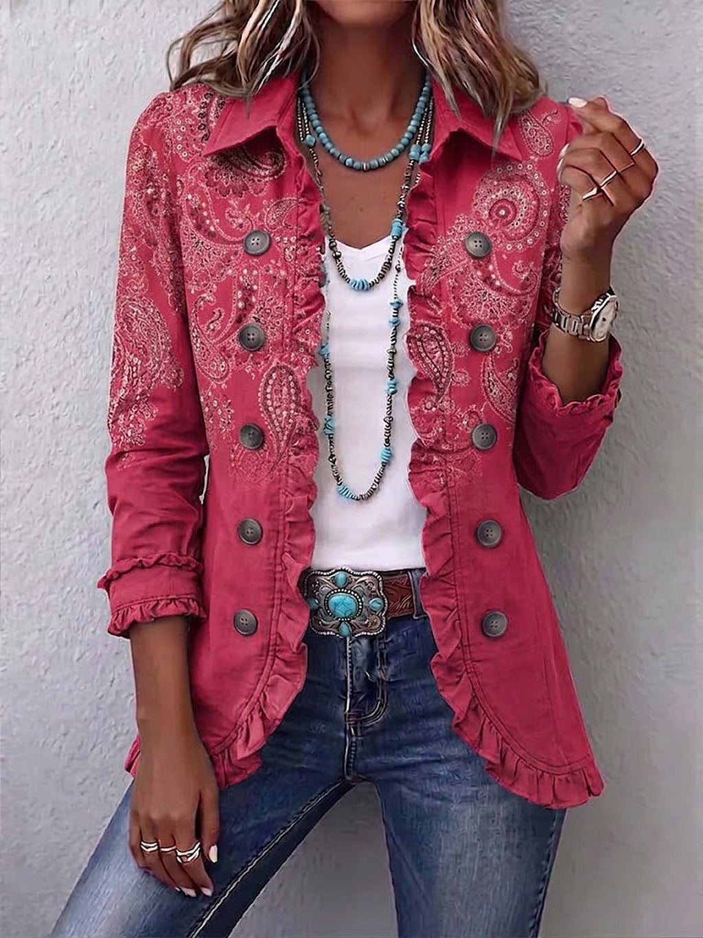 Alessia | Giacca Boho con Volant, Paisley Rosa Antico