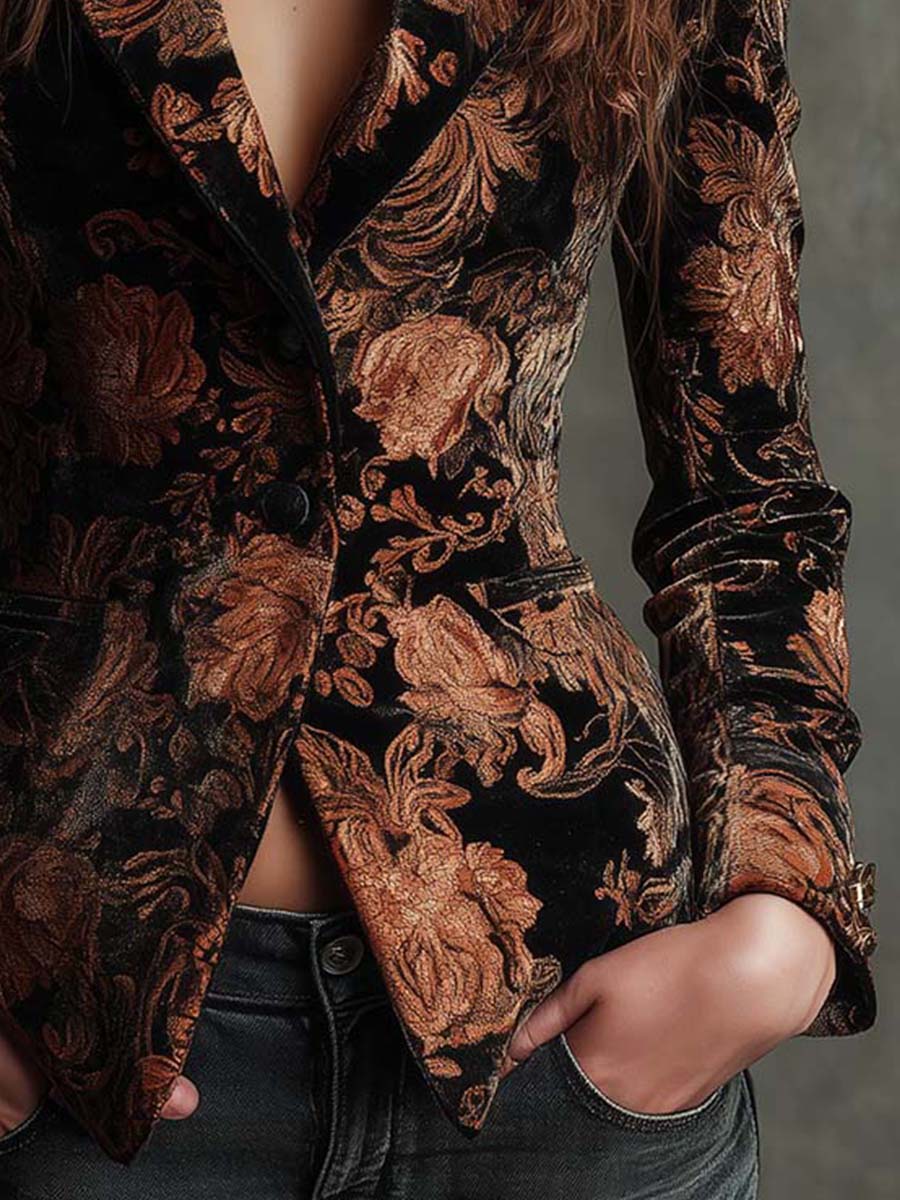 Bertille | Blazer Tailleur Stampato Floreale Nero e Bronzo