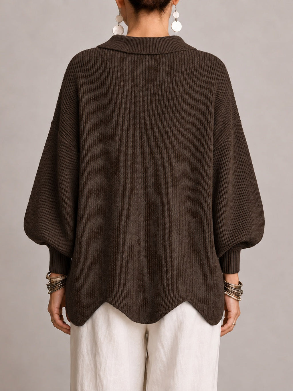 Graziella | Cardigan Oversize a Coste con Orlo Smerlato, Marrone Cioccolato