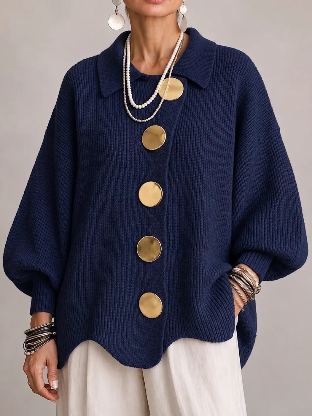 Milena | Cardigan Oversize a Coste con Orlo Smerlato, Blu Navy