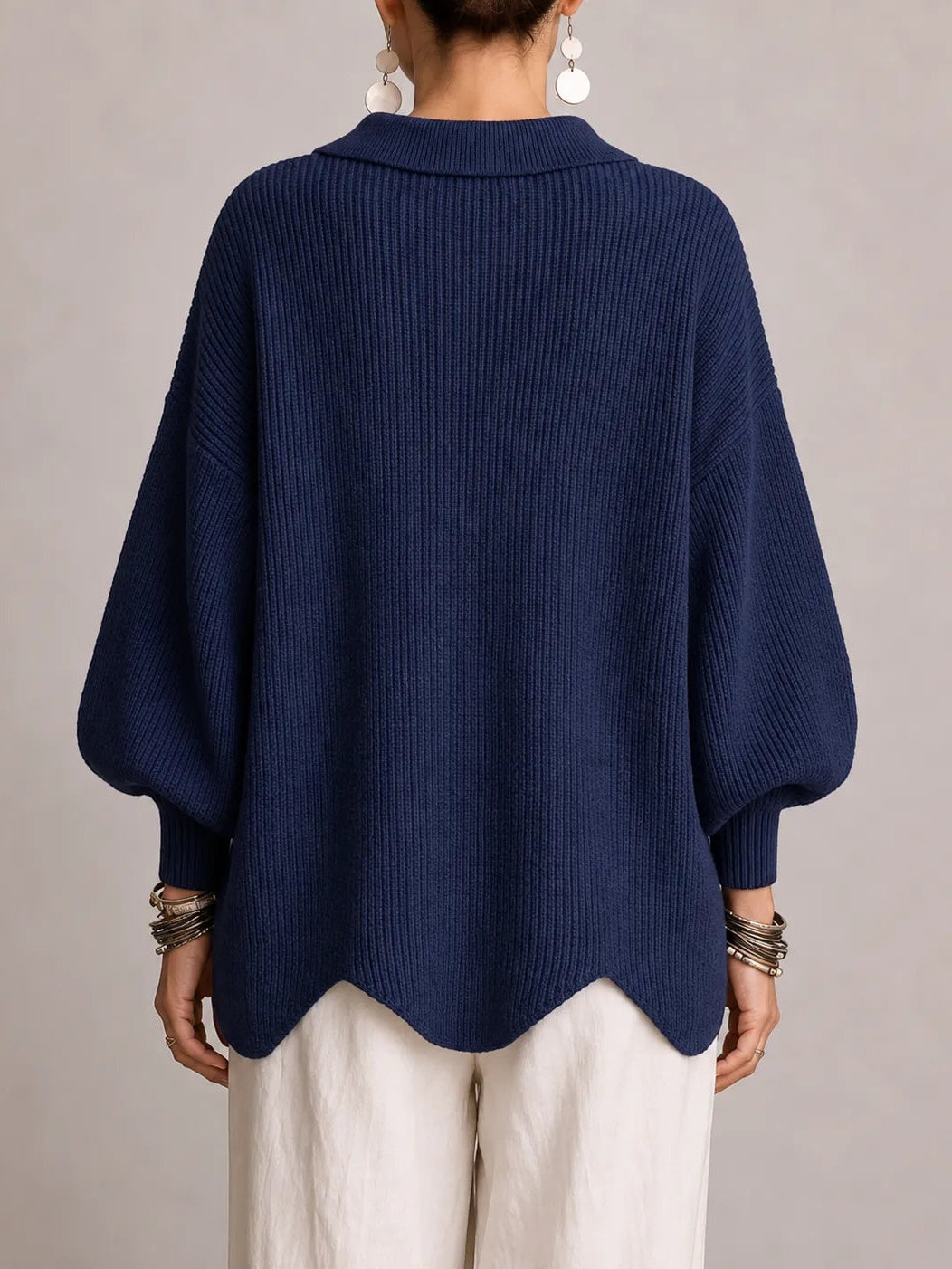 Milena | Cardigan Oversize a Coste con Orlo Smerlato, Blu Navy