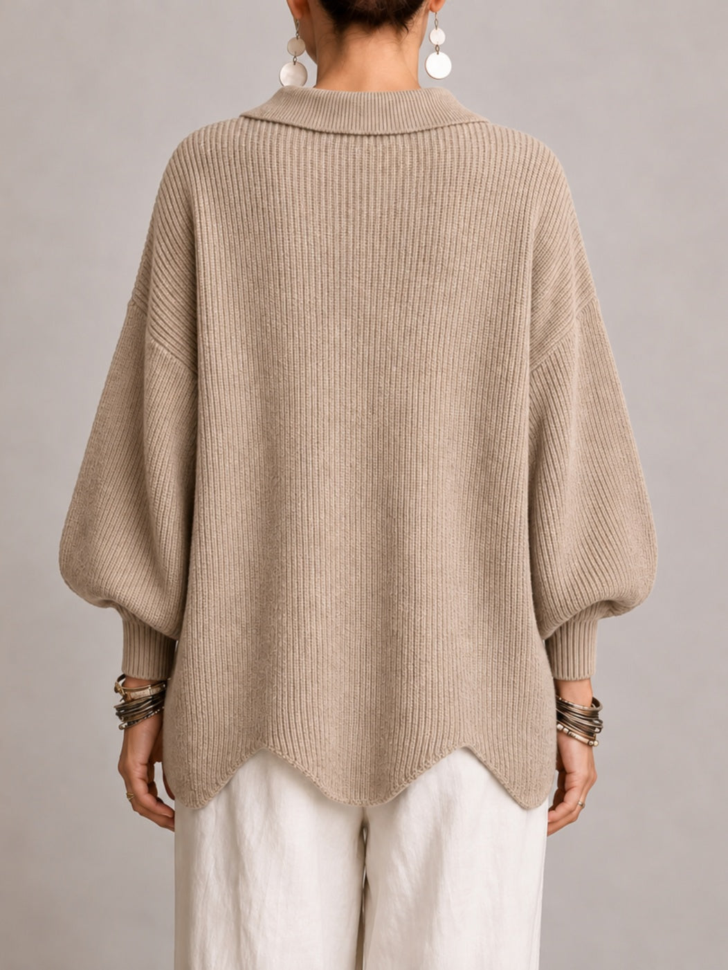 Iolanda | Cardigan Oversize a Coste con Orlo Smerlato, Beige Sabbia