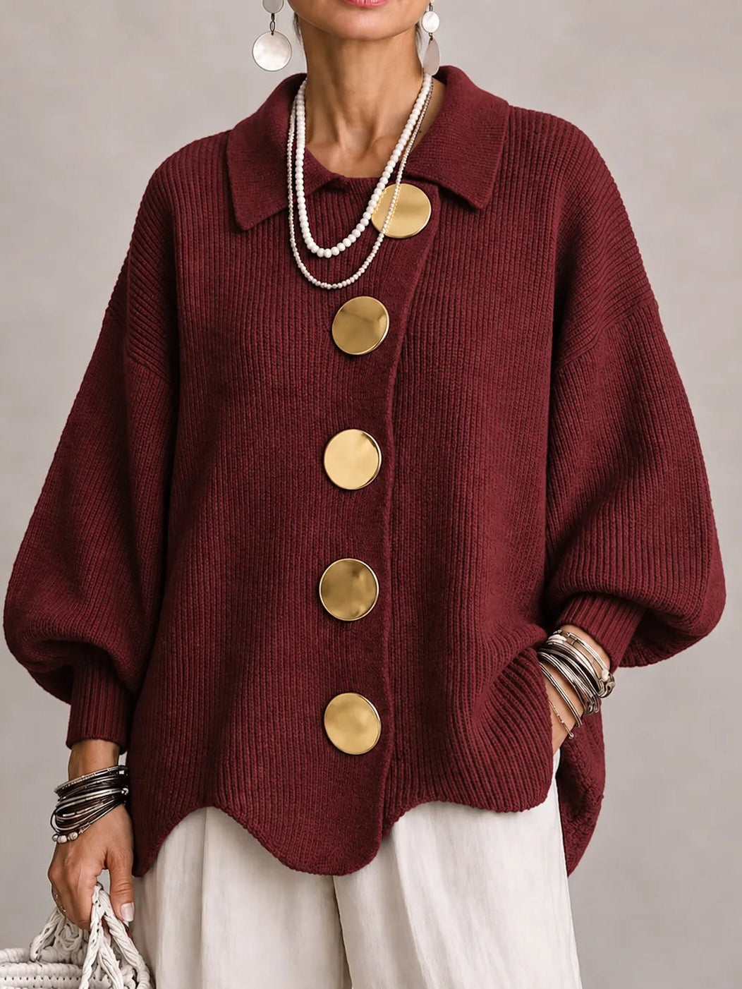 Loredana | Cardigan Oversize a Coste con Orlo Smerlato, Bordeaux