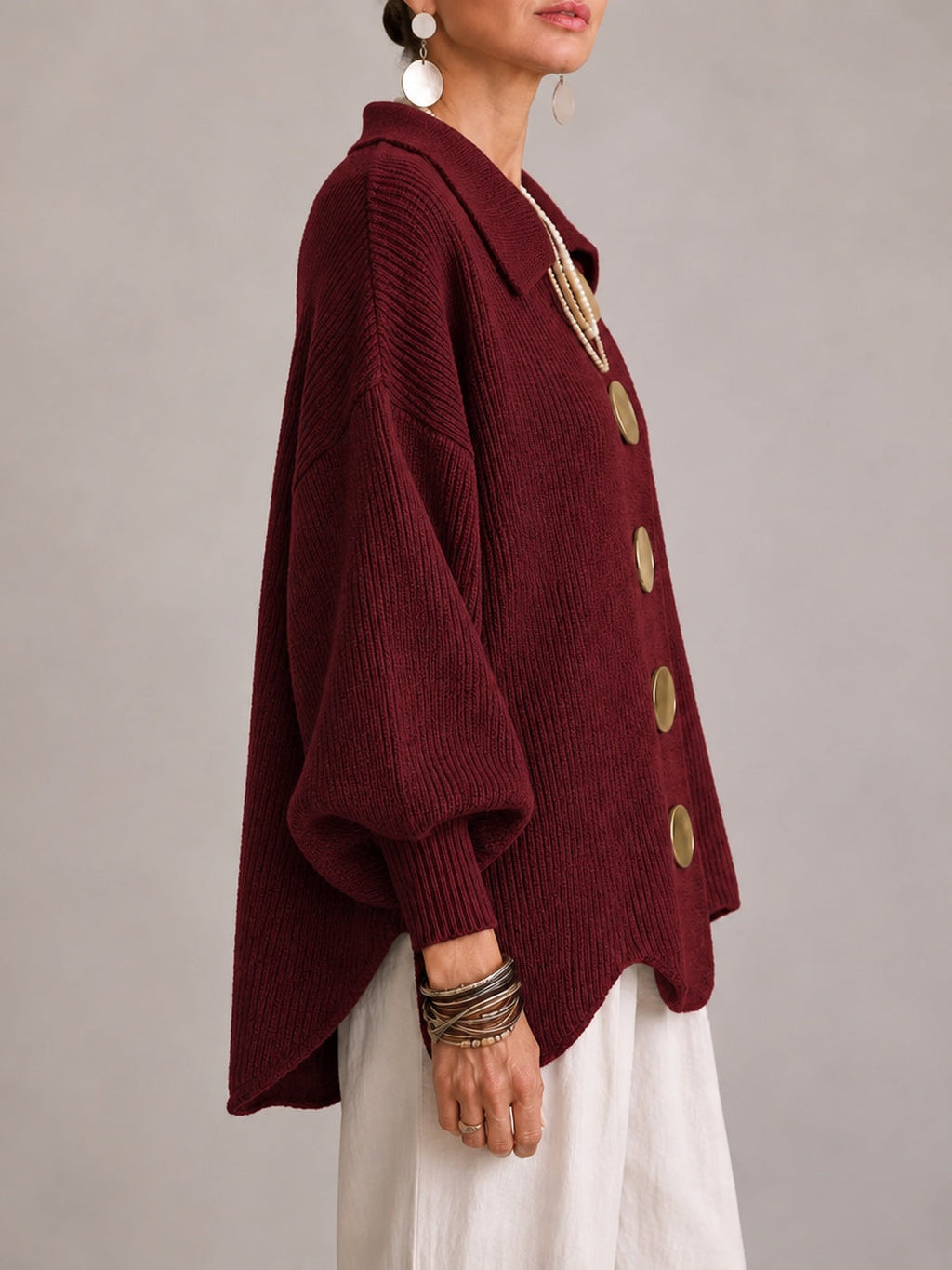 Loredana | Cardigan Oversize a Coste con Orlo Smerlato, Bordeaux