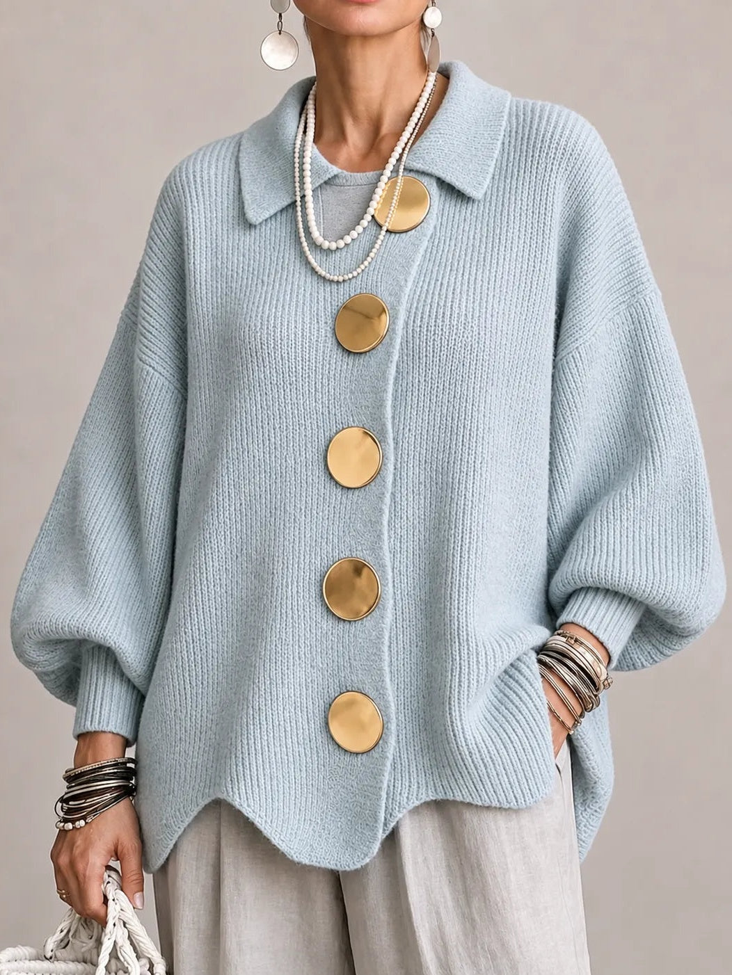 Oriana | Cardigan Oversize a Coste con Orlo Smerlato, Azzurro Polvere