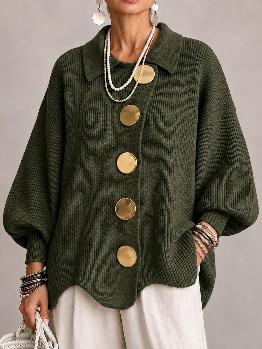 Elvira | Cardigan Oversize a Coste con Orlo Smerlato, Verde Oliva