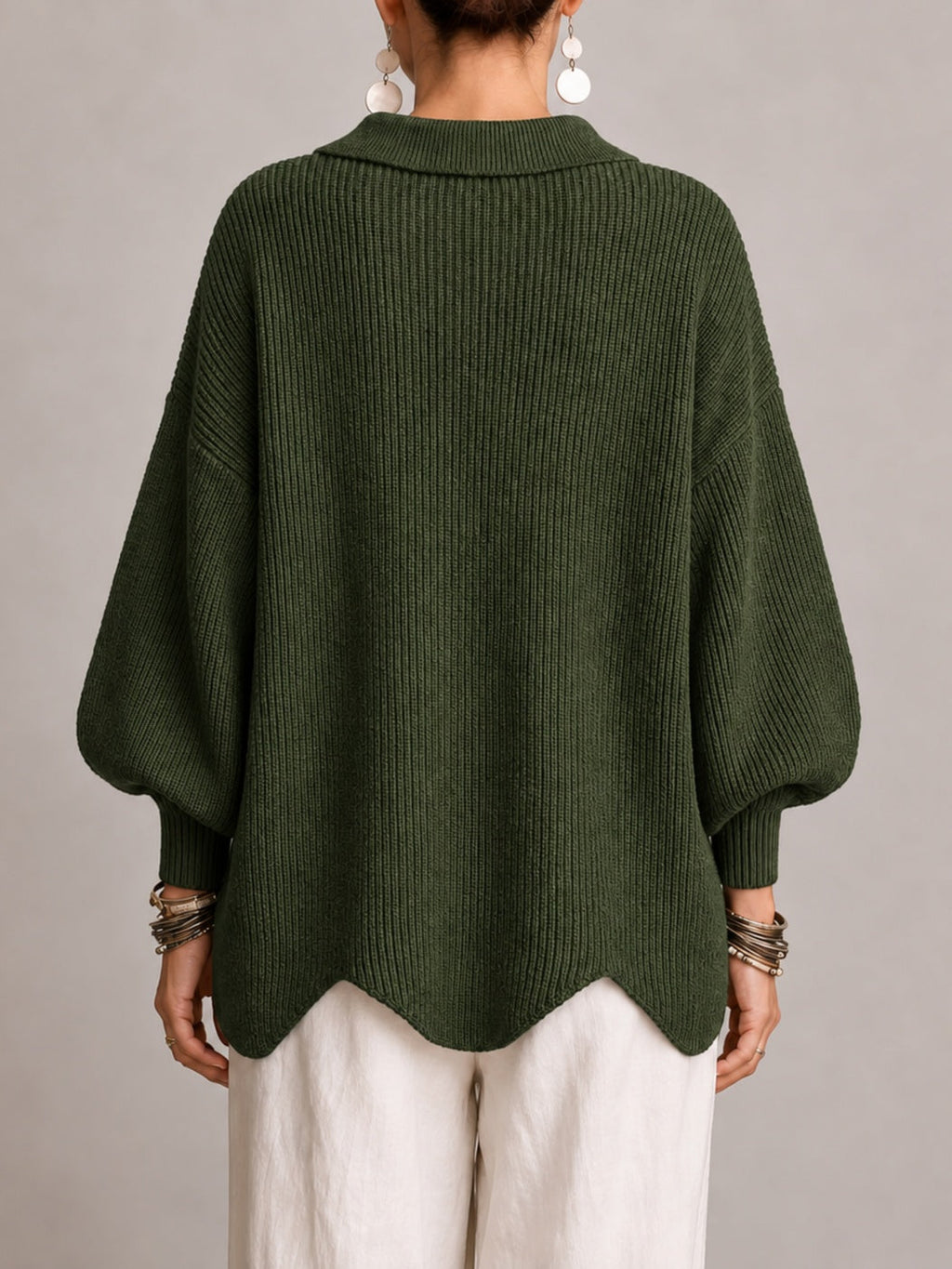 Elvira | Cardigan Oversize a Coste con Orlo Smerlato, Verde Oliva