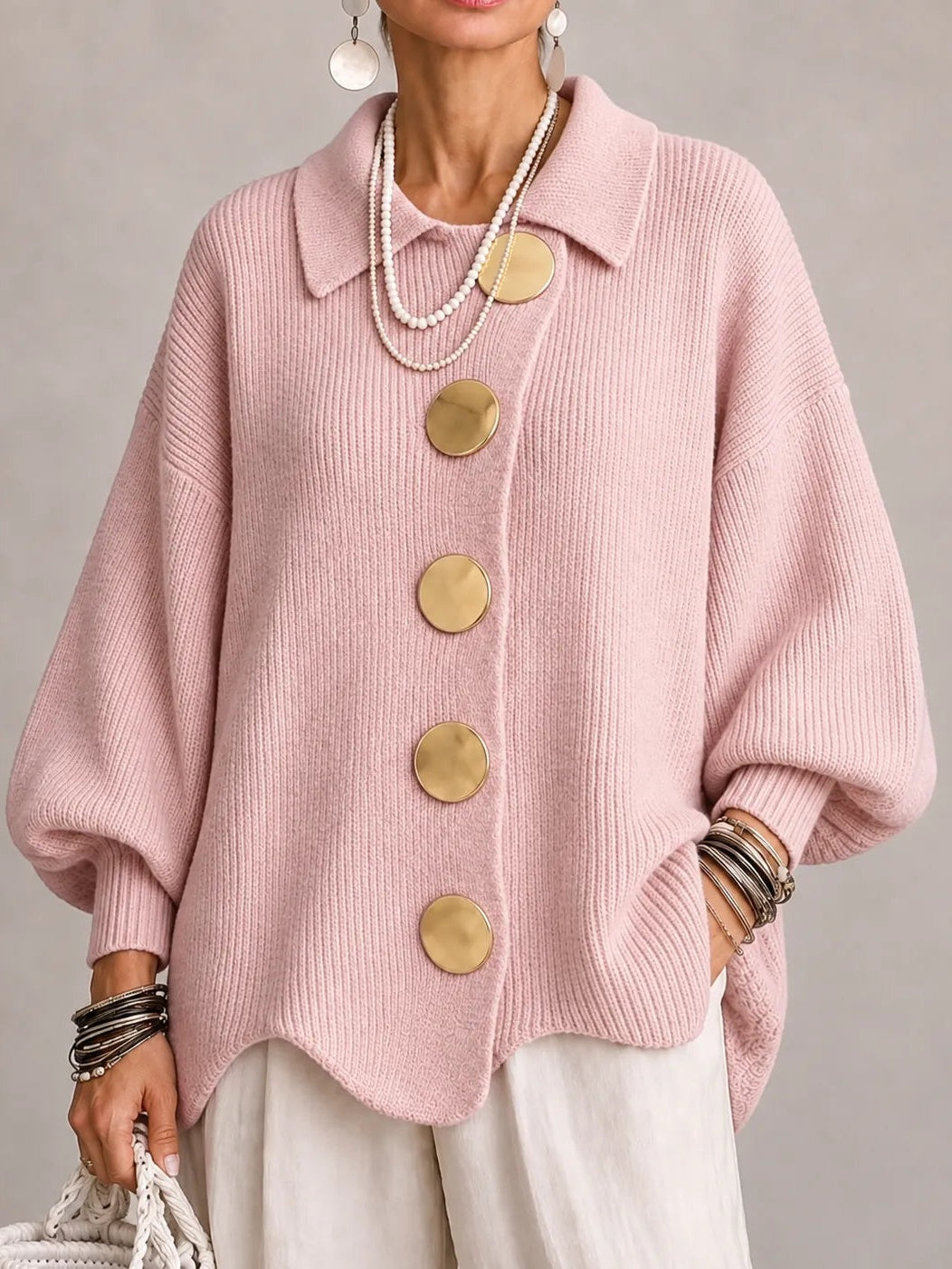 Clelia | Cardigan Oversize a Coste con Orlo Smerlato, Rosa Cipria