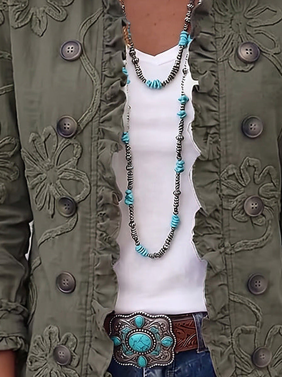 Cristina | Giacca Boho con Volant, Ricamo Floreale Verde Bosco