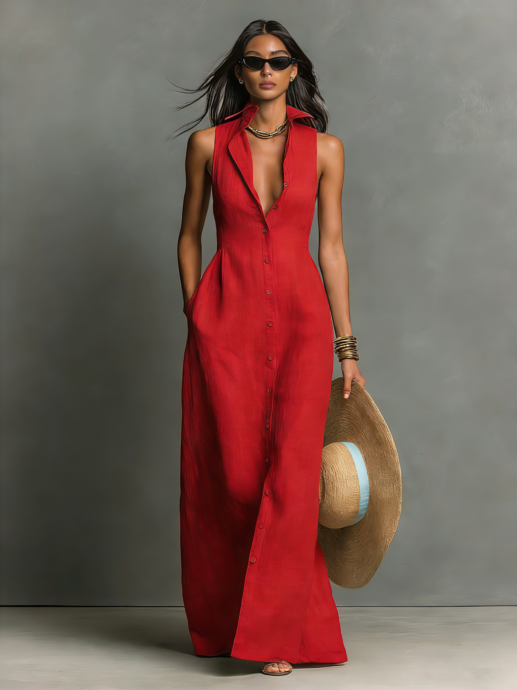 Abito Maxi Senza Maniche in Lino Minimalista per Donna -