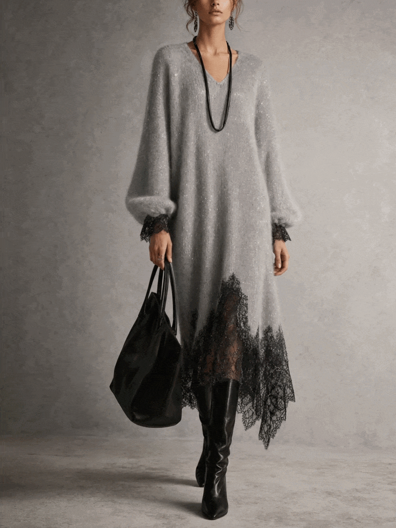 Alaya | Vestito midi grigio in maglia con bordo in pizzo
