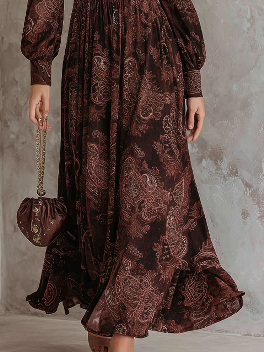 Cleofe | Abito a Vita Alta con Zip e Stampa Paisley, Marrone