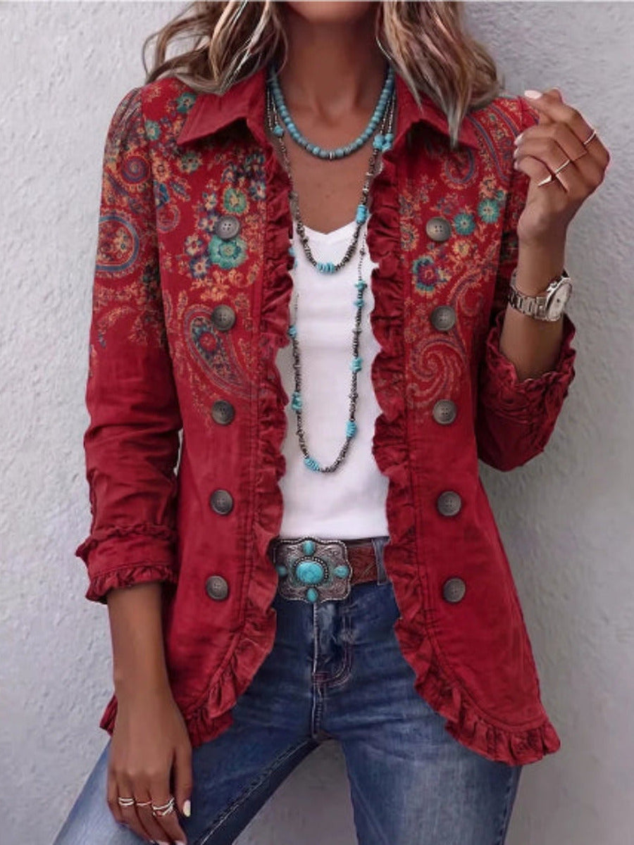 Fiorella | Giacca Boho con Volant, Paisley Rosso Rubino