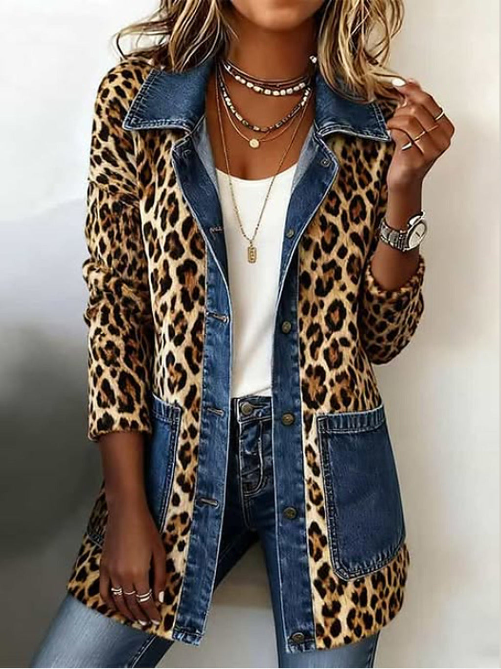 Flavia | Giacca Lunga in Denim con Inserti Leopardo