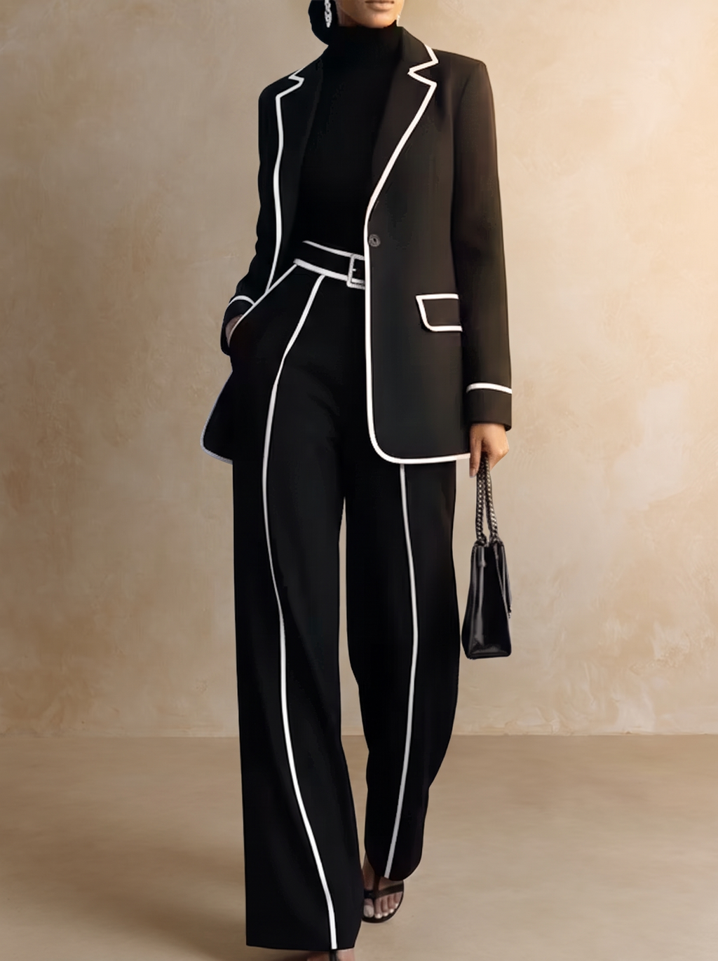 Claudine | Completo Due Pezzi Blazer con Passamaneria a Contrasto Nera e Pantaloni Largo